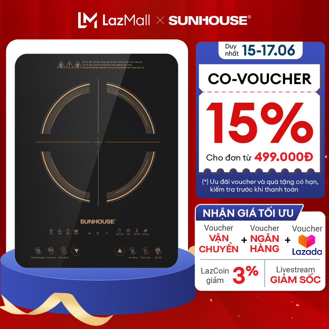 Bếp điện từ SUNHOUSE cảm ứng SHD6803 - Công suất 2000W - Kính cường lực siêu bền - 8 chế độ nấu đa dạng - Bảo hành chính hãng 12 tháng