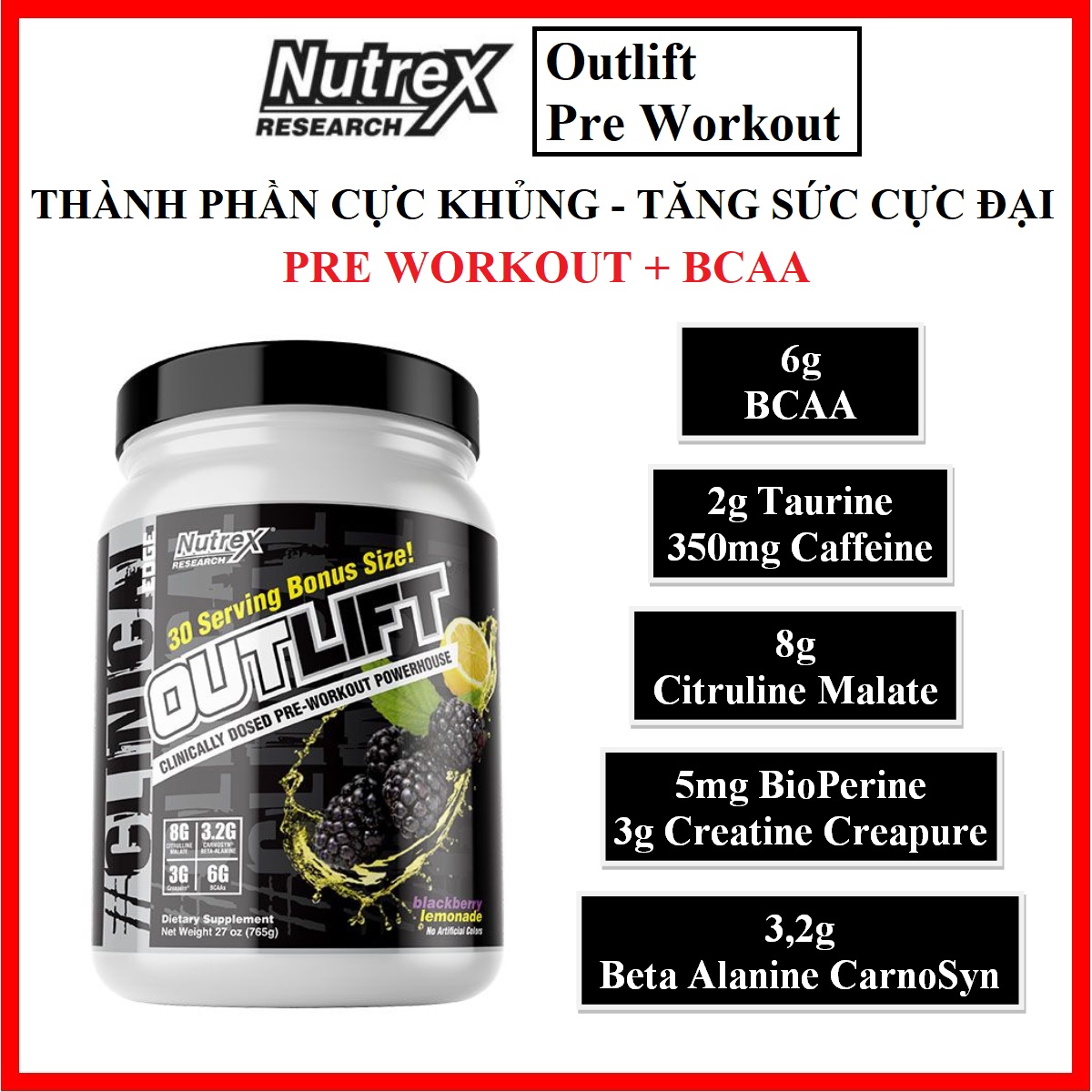 PreWorkout Outlift 20ser 30ser - Hỗ trợ tăng lực, bổ sung năng lượng mạnh mẽ trước tập luyện, duy trì sức trong tập