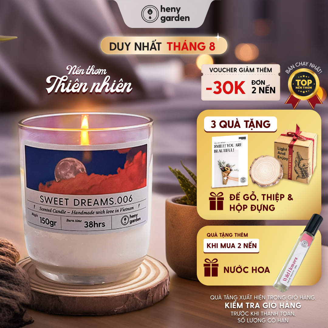 Nến Thơm Thư Giãn Mùi Dễ Ngủ HENY GARDEN Thiên Nhiên Tặng Kèm Đế Gỗ Dành Cho Phòng Vừa Và Nhỏ