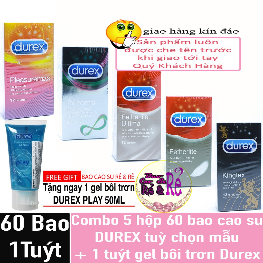 Combo 5 hộp bao cao su durex 60 cái tùy chọn + 1 tuýt gel bôi trơn durex play