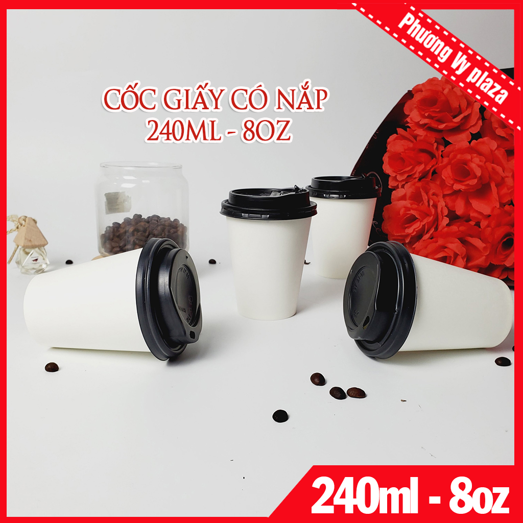 50 chiếc cốc giấy kèm nắp 240ml size 8oz nhập khẩu hàn quốc