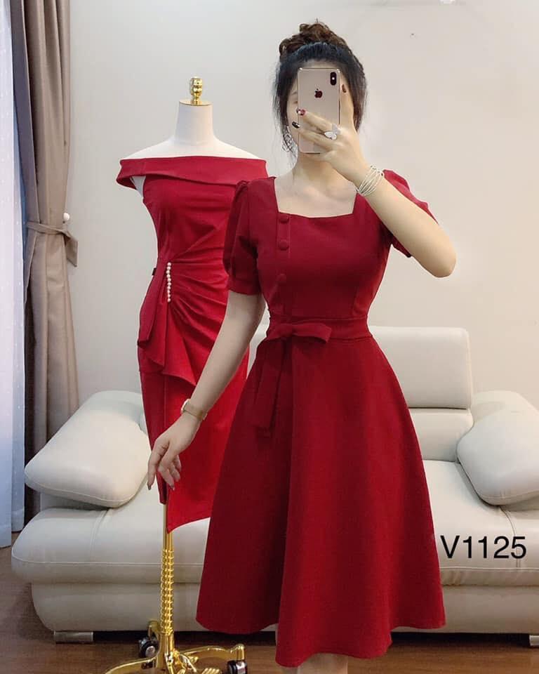 Đầm Nữ Xòe Cổ Vuông Cột Eo Phong Cách Thời Thượng Quyến Rũ Thời Trang Hari