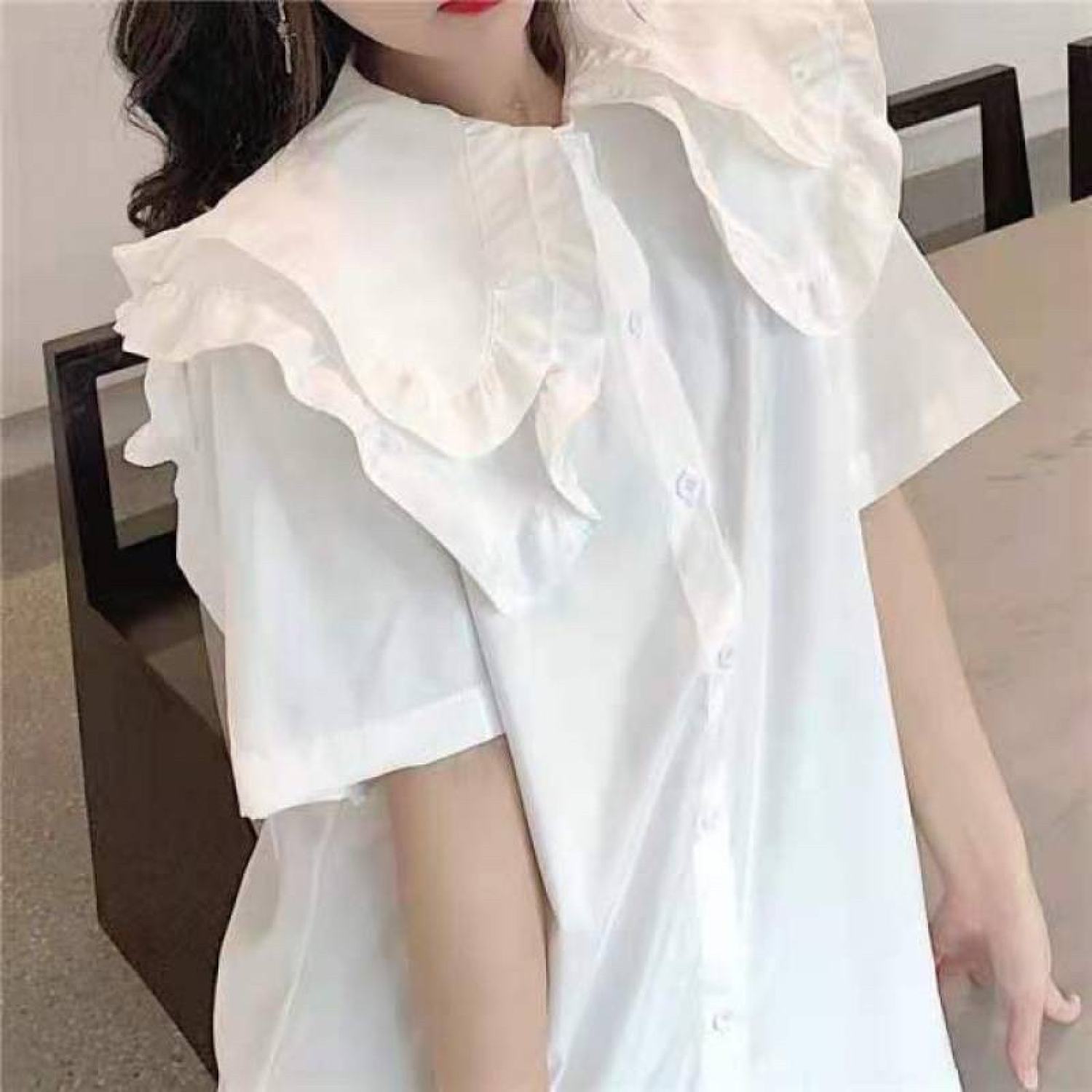 Áo sơ mi trắng nữ tay cổ bèo tiểu thư phong cách hàn quốc