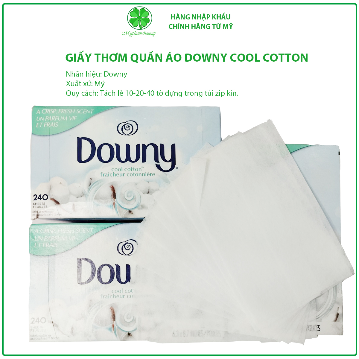 Giấy thơm quần áo Downy Cool Cotton trắng Mỹ lẻ 10 tờ , 20 tờ , 40 tờ