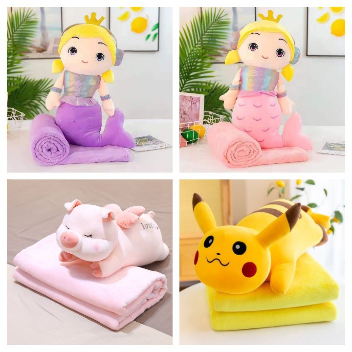 Bộ gối hình thú kèm chăn pikachu, heo thiên sứ, nàng tiên cá