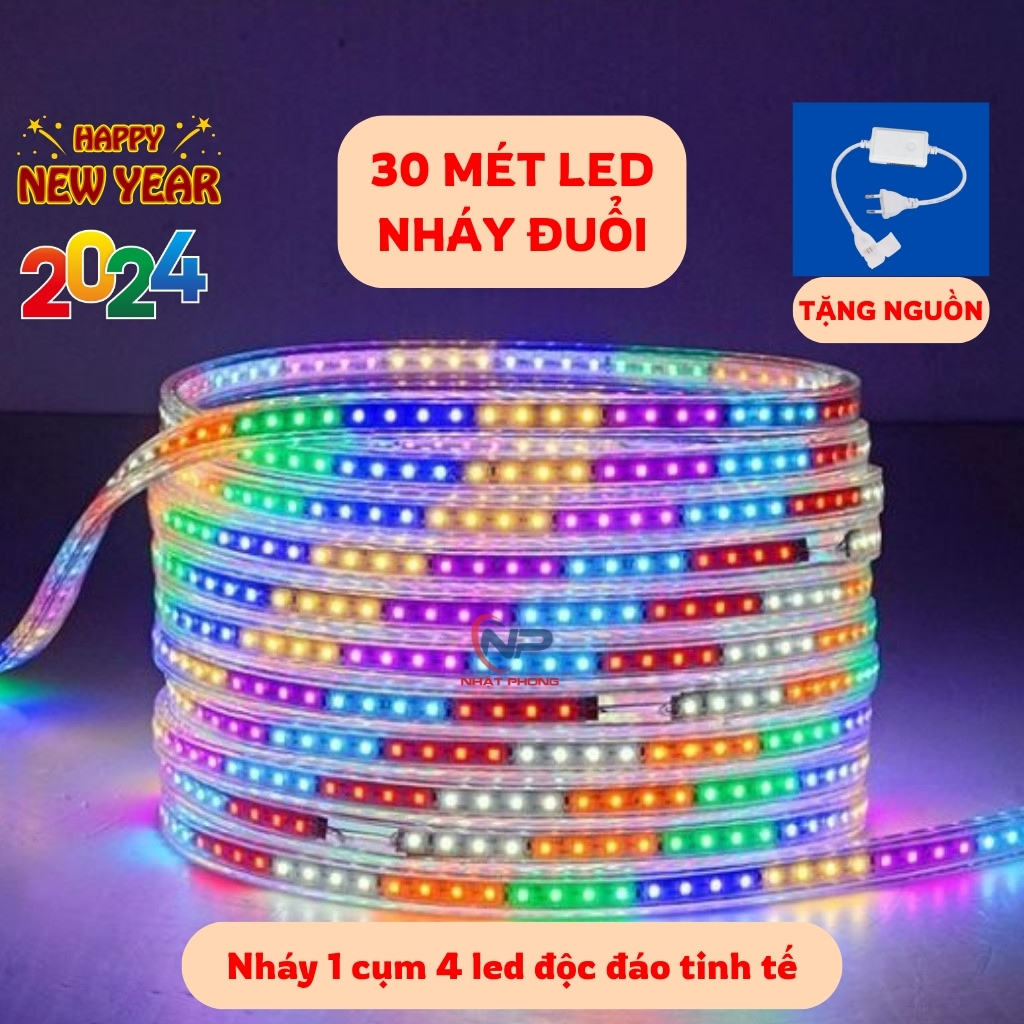 30Mdây đèn led nháy đuổi,Đèn led trang trí 1 hàng chip led 2835  bọc plastic cao cấp chống nước,tặng đầu nối nguồn, 1m có 48 chiếc led,  đèn trang trí  tết  2024,cây đào cây quất, cây mai,  cây cổ thụ, cổng nhà..