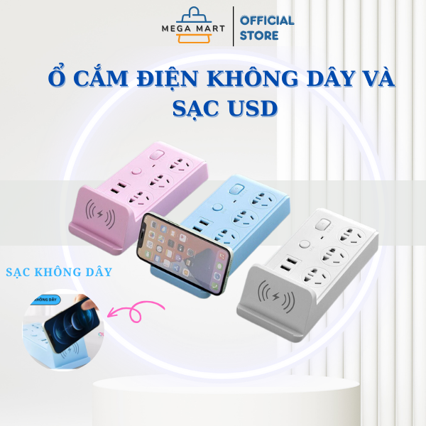 Ổ cắm điện thông minh đa năng hỗ trợ sạc không dây 3 cổng USB chịu tải 2500W dây nối dài 1.8m