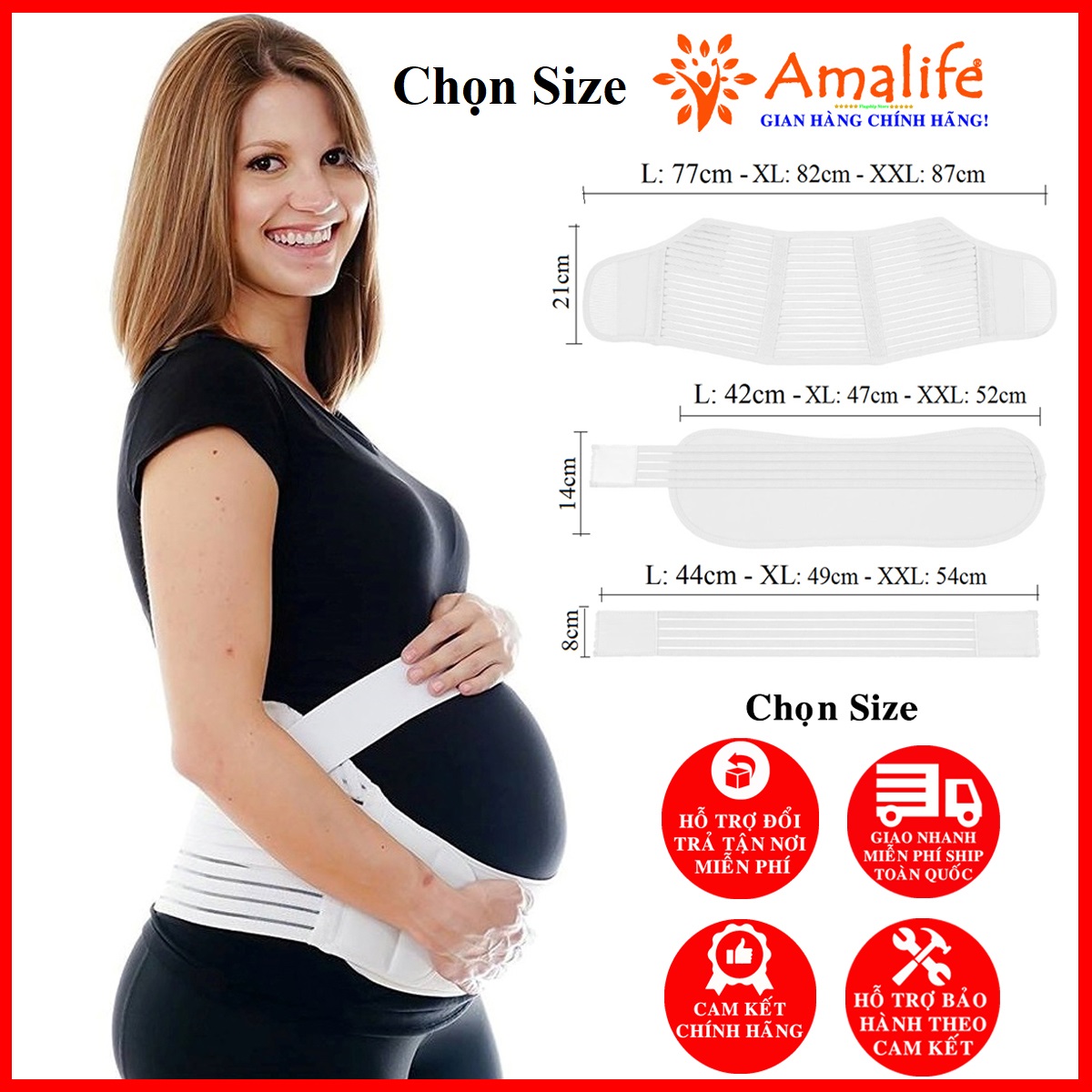 Đai Đỡ Bụng Bà Bầu Amalife - Màu Trắng - Size L (80-115cm) - Size XL (bụng 88 -128cm) - XXL (bụng 100 -130cm) - Phù Hợp Cho Mọi Cân Nặng Của Mẹ Bầu