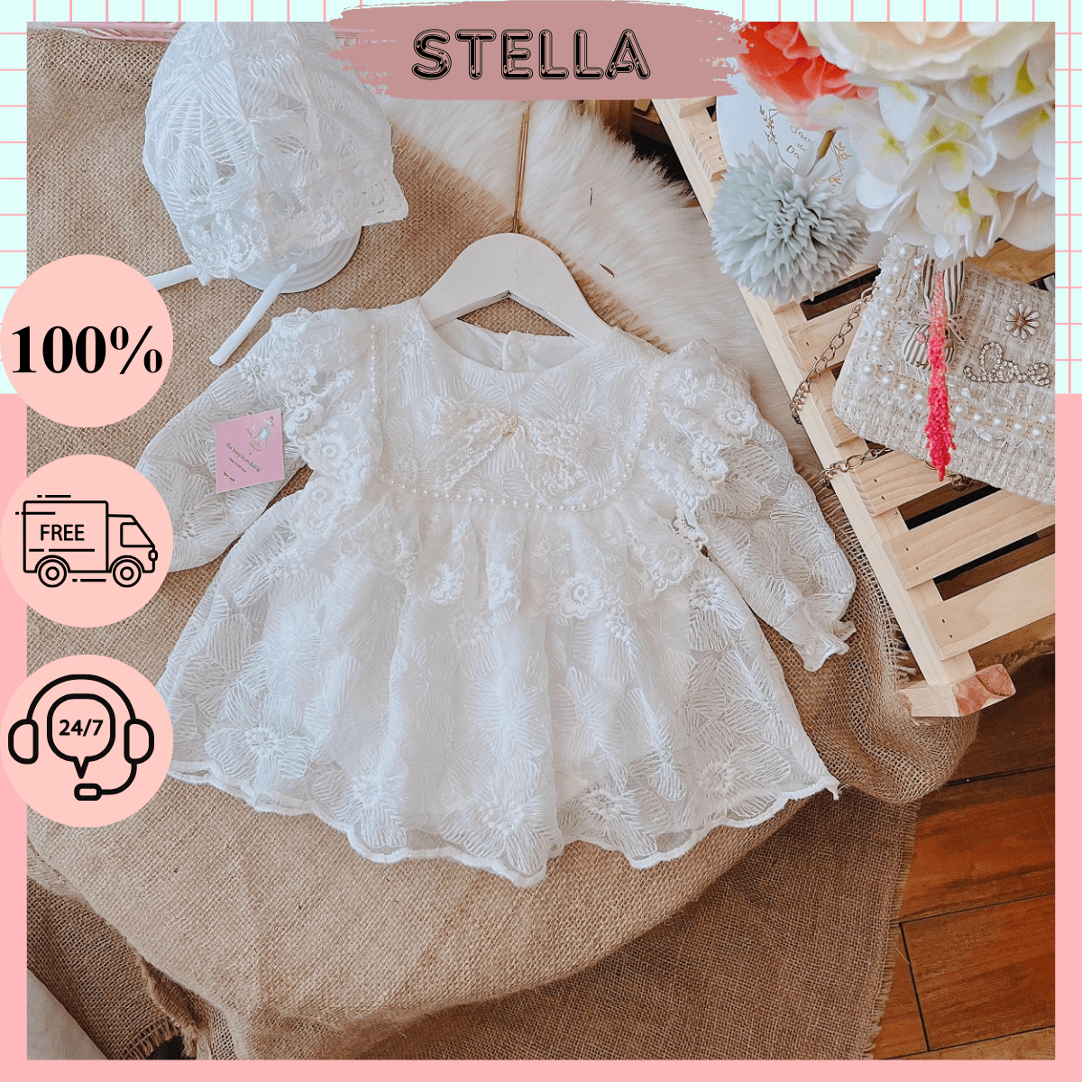 Body thiết kế bé gái dài tay kèm nón cho bé 4-11kg. Body suit chất liệu ren sam mềm mịn, không ngứa cho bé. Stella shop