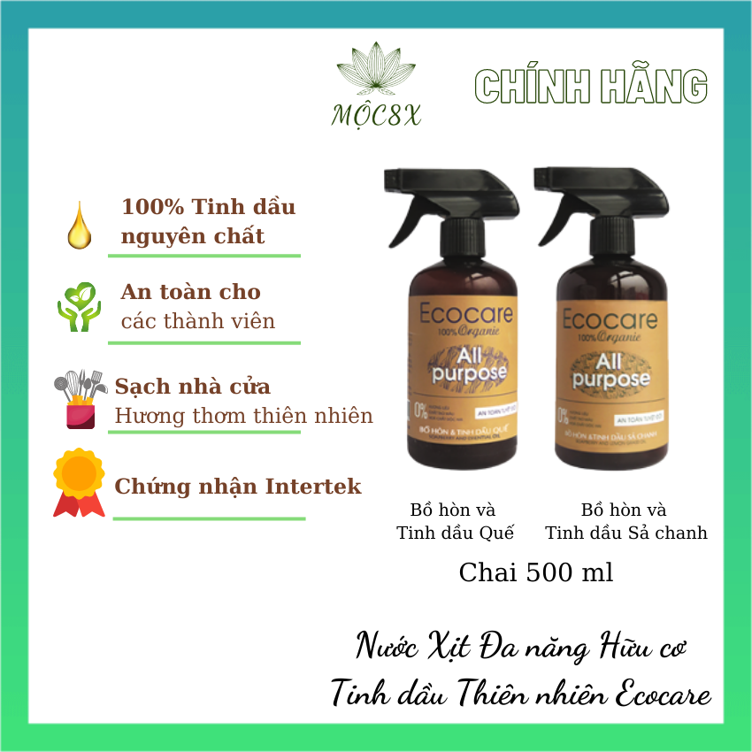 Nước xịt vệ sinh đa năng hữu cơ bồ hòn và tinh dầu sả chanh quế ecocare 500 ml, sạch bếp bàn ăn nắm cửa – mộc8x