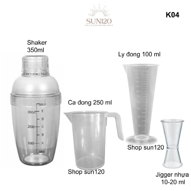Bộ 4 dụng cụ pha chế định lượng nhựa gồm bình lắc shaker, ly đong, ca nhựa chia vạch, jigger