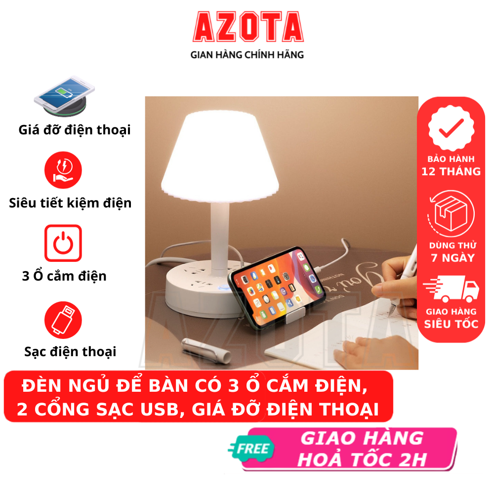 Đèn ngủ có 3 ổ cắm điện, 2 cổng sạc usb 5v/2a, chế độ sáng 3 màu phiên bản premium công suất tải 2500w tặng kèm giá đỡ