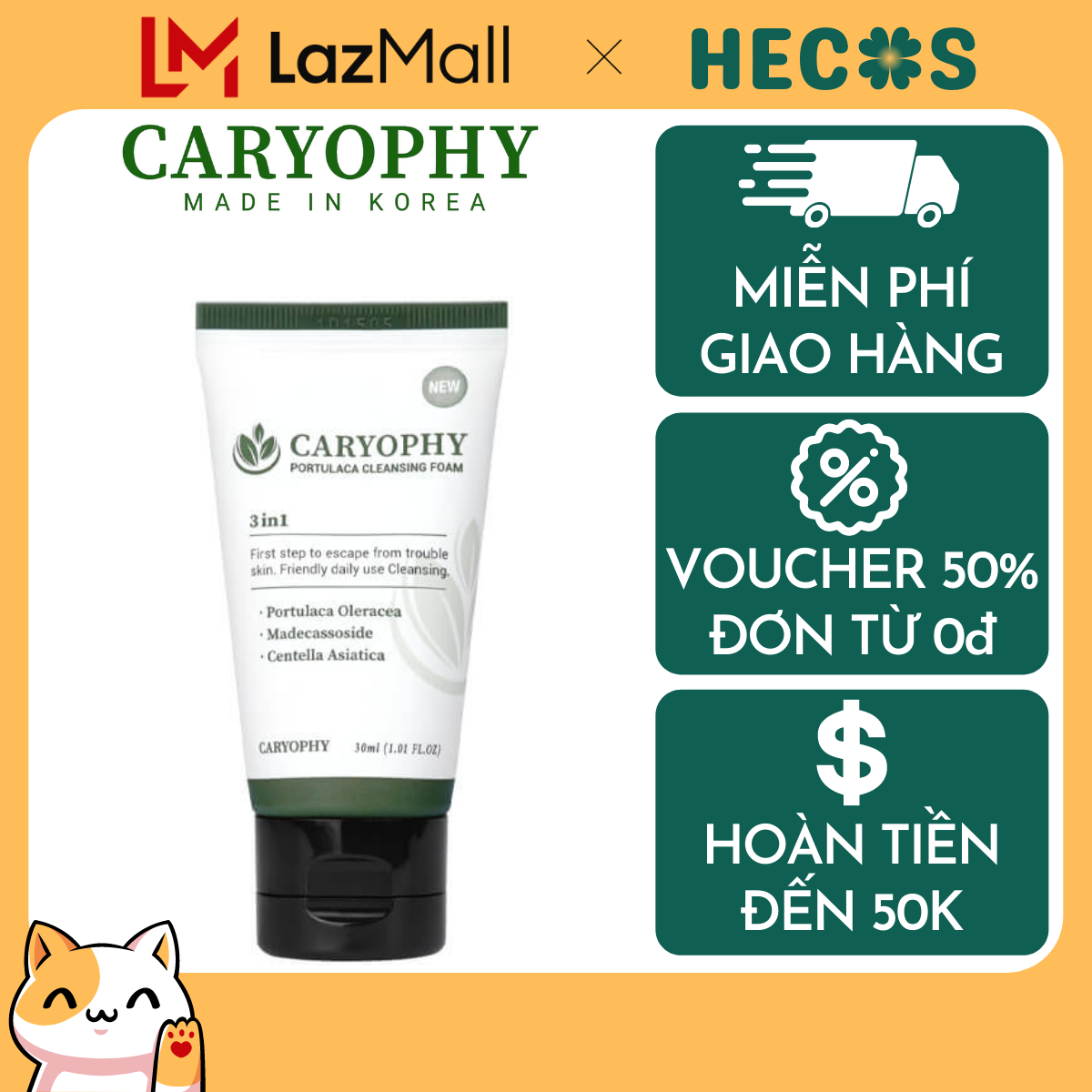 Sữa rữa mặt Caryophy 30ml chuẩn pH 5.5 chiết xuất Rau Má làm sạch bụi bẩn, dầu thừa giúp ngăn ngừa mụn, thu nhỏ lỗ chân lông, dưỡng ẩm da - HECOS