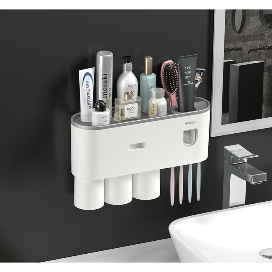 Kệ Treo Bàn Chải Đánh Răng Dán Tường OENON - Có Nhả Kem Đánh Răng Tự Động - Kèm Cốc Hút Từ Tính Nhựa ABS