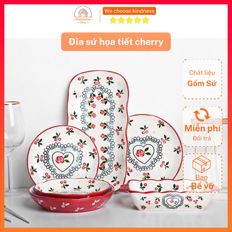Đĩa sứ, khay sứ đựng đồ ăn nông họa tiết cherry dùng cho bàn ăn, đĩa decor