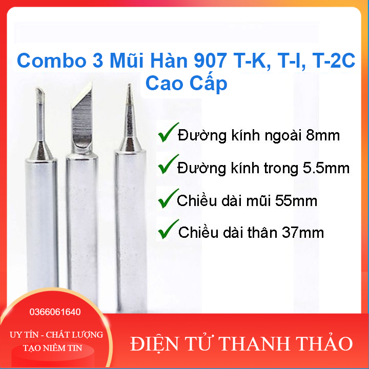 Combo 3 mũi hàn 907 t-k, t-i, t-2c thép không gỉ, độ chống oxy hóa cao, sử dụng cho tay hàn 907 60w