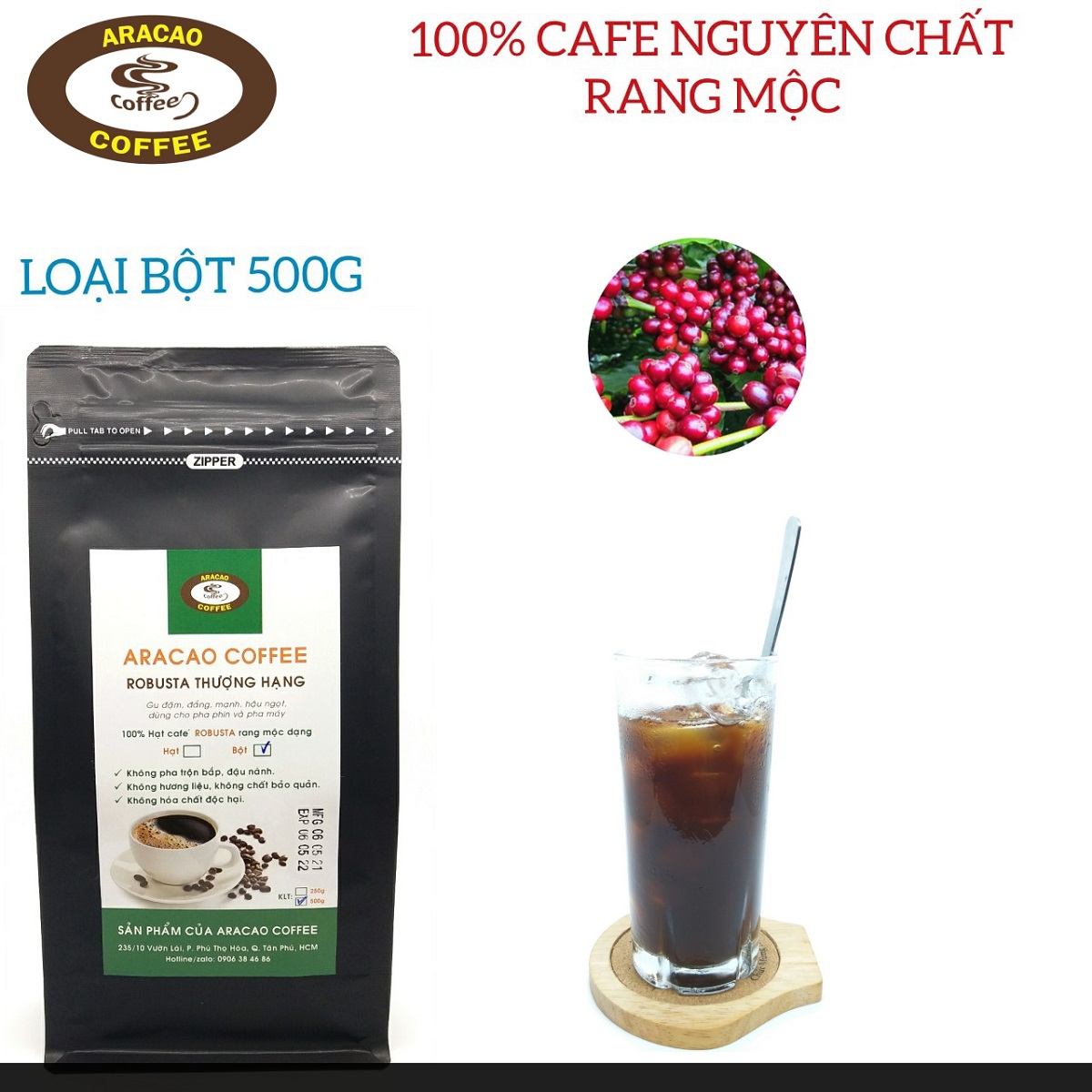 Cà phê bột, cà phê nguyên chất rang mộc ARACAO COFFEE, ROBUSTA THƯỢNG HẠNG, thơm đậm đắng mạnh hậu ngọt [GÓI BỘT 500G]