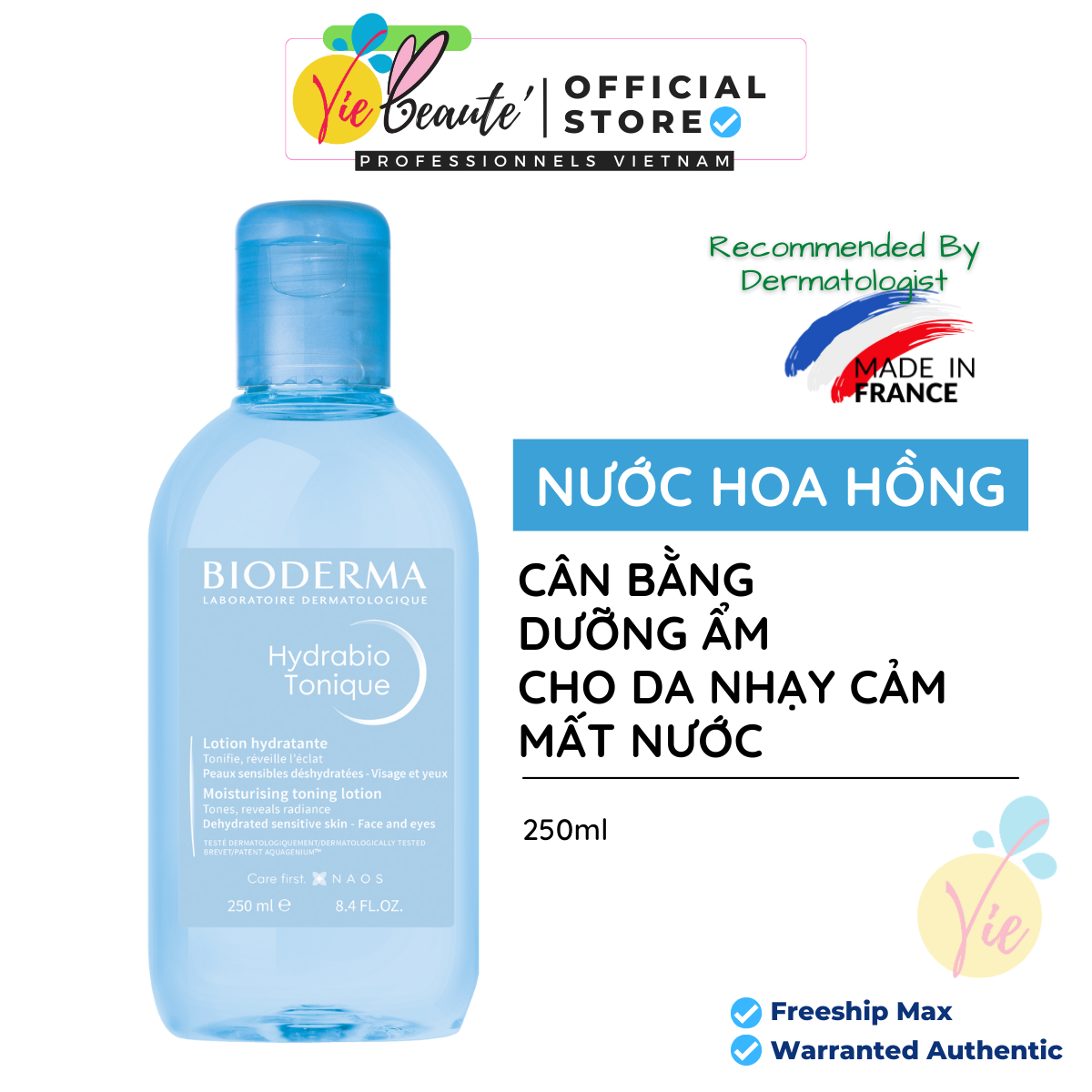 Nước hoa hồng bioderma hydrabio tonique - dưỡng ẩm tự nhiên, cân bằng ph cho da 250ml