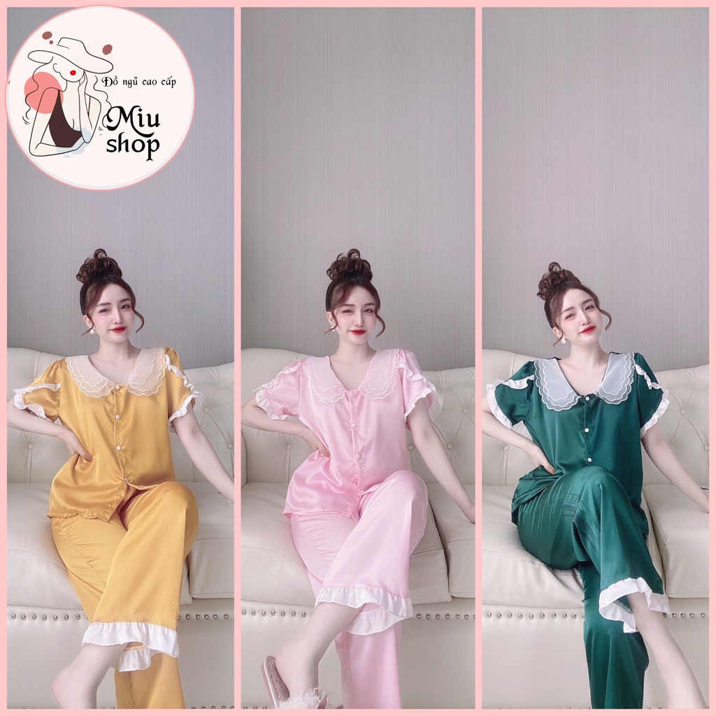 SIÊU PHẨM Đồ bộ cỏ 3 lá voan tay ngắn quần dài Đồ ngủ lụa satin cao cấp sang chảnh vải mịn freesize 58kg