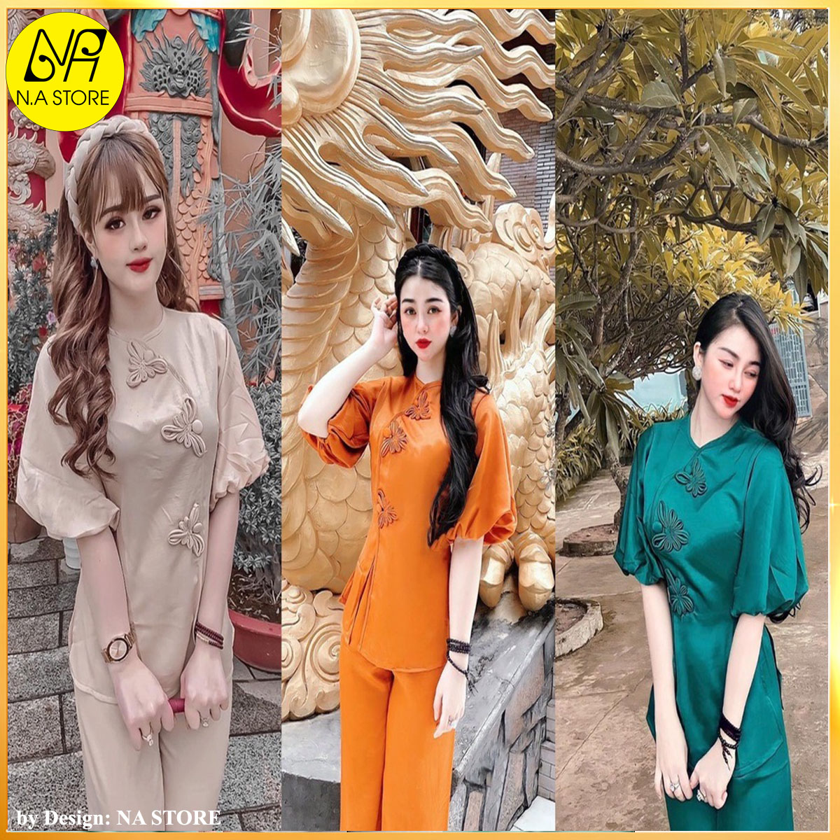 [HCM]Đồ Lam Đi Chùa Nữ - Bộ Đi Lễ Chùa Đẹp Cao Cấp Trang Nhã Vải Tuyết Nhung Nút Tàu Tay Phồng Dành Cho Phật Tử - AL027