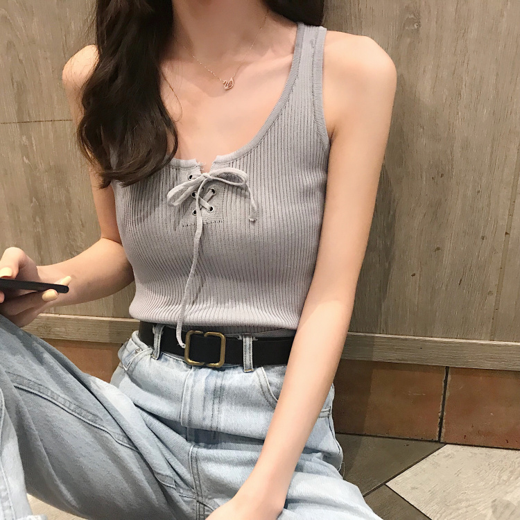 Áo ba lỗ dệt kim đan dây trước ngực
