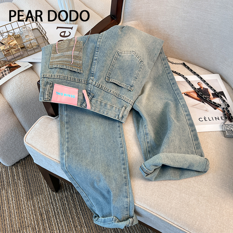 PEAR DODO Phong cách hàn quốc cao eo quần legging rộng rộng vừa vặn Quần jean ống đứng cho phụ nữ94