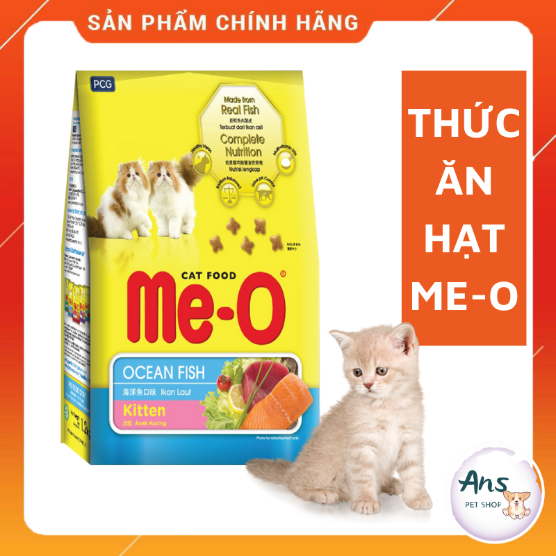 Thức ăn dành cho mèo con, thức ăn ME-O hương vị cá biển, dạng hạt.