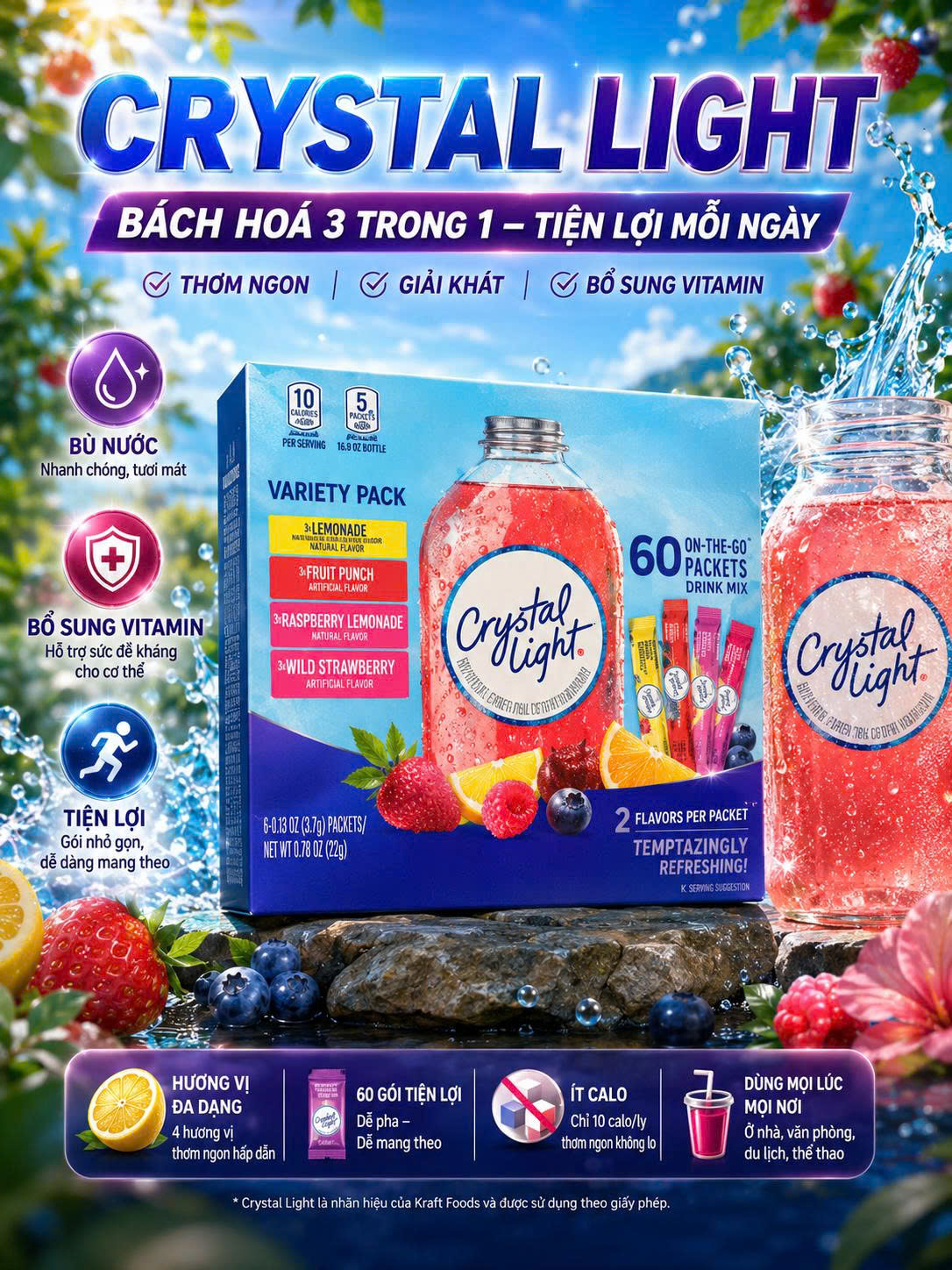 Bột pha nước trái cây Crystal Light Drink Mix không đường (Hộp 60 gói)