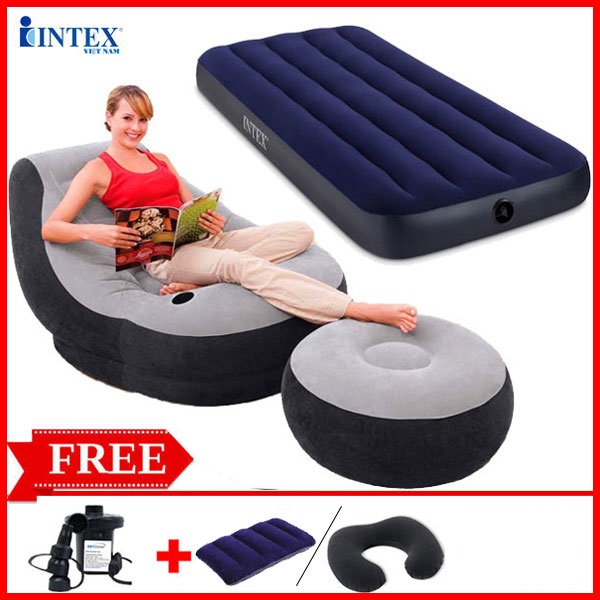 Combo siêu tiết kiệm đệm đơn 76cm kèm ghế hơi intex 68564 đủ màu