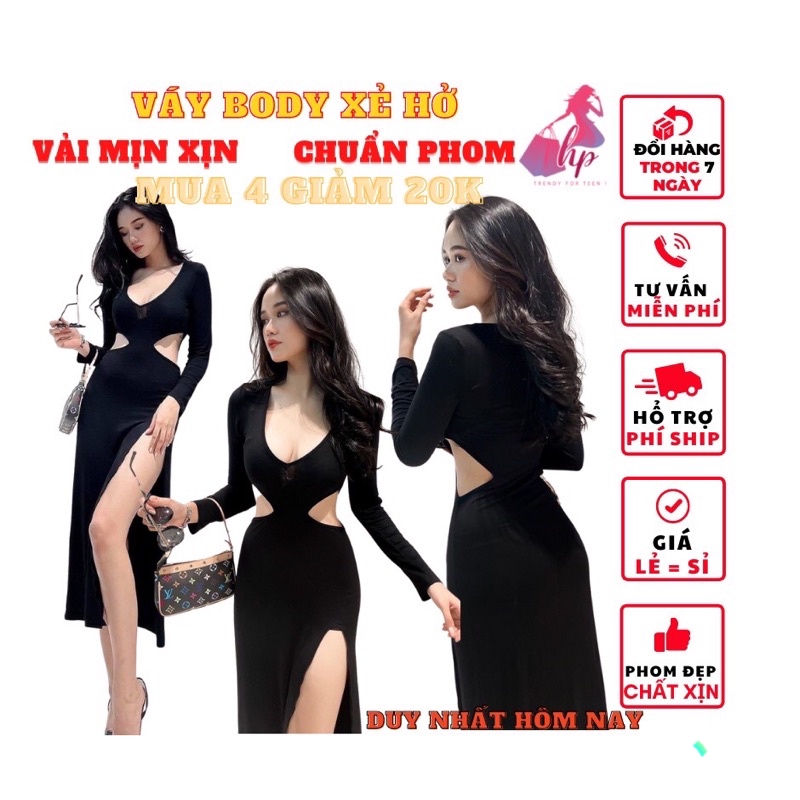 Váy đầm nữ dự tiệc body cổ tim tay dài khoét eo xẻ tà màu đen thun xịn sang chảnh phong cách hàn 2022 hot