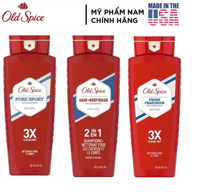 1 chai Sữa tắm nam Gel Old Spice High Endurance 3X 532ml Pure Sport | Fresh Fraicheur tươi mát - Mỹ