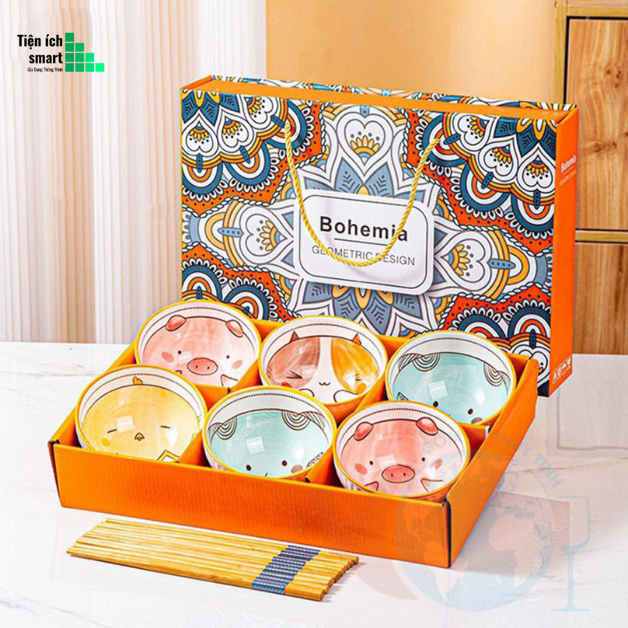 Bộ chén bát ăn cơm cao cấp hoa văn thổ cẩm, hình thú xinh xắn tặng kèm 6 đôi đũa bohemia