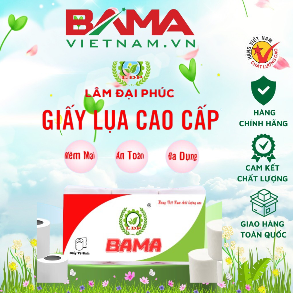 Giấy Vệ Sinh Cao Cấp BAMA 12 Cuộn 4 Lớp Siêu Dai Mềm Mại, 100% Bột Giấy Tự Nhiên Có Lõi Siêu Tiết Kiệm