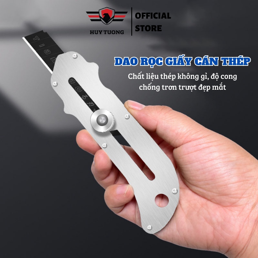 Dao rọc giấy cán thép, dụng cụ cắt giấy kim loại thép không rỉ, có núm xoay cố định tăng giảm lưỡi dao - Huy Tưởng