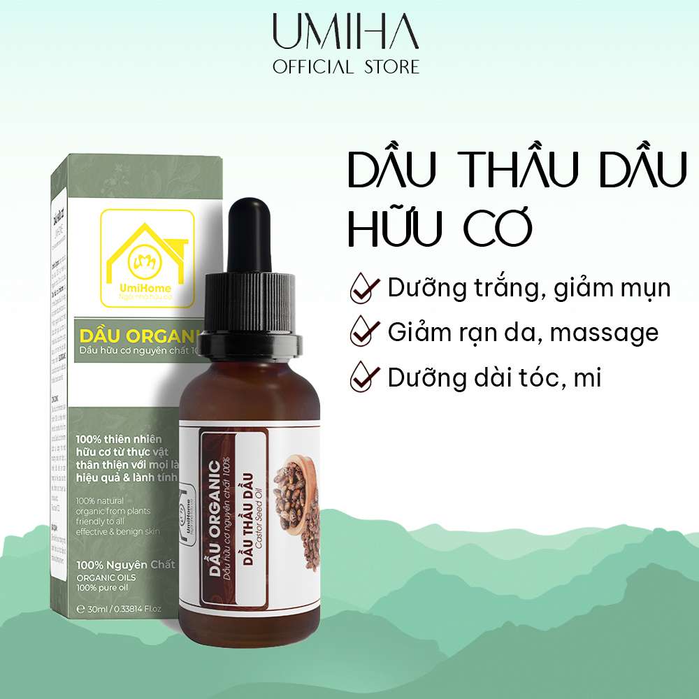 Dầu Thầu Dầu hữu cơ UMIHOME nguyên chất - Dưỡng mi, giảm quầng thâm mắt, ngừa thâm sẹo, dưỡng da chống lão hóa, nếp nhăn
