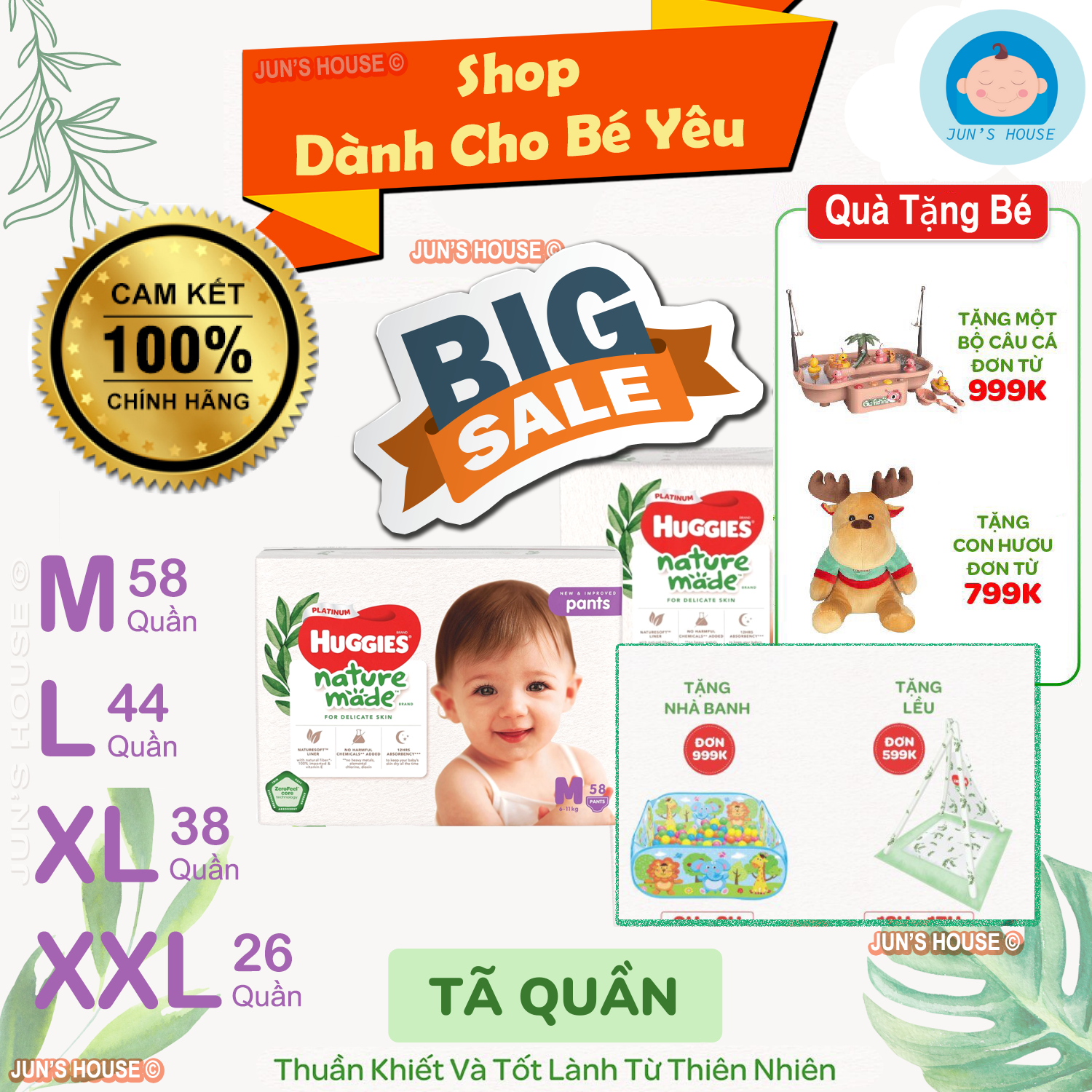 Tã/Bỉm Quần Huggies Platinum Nature Made M58/L44/XL38/XXL26