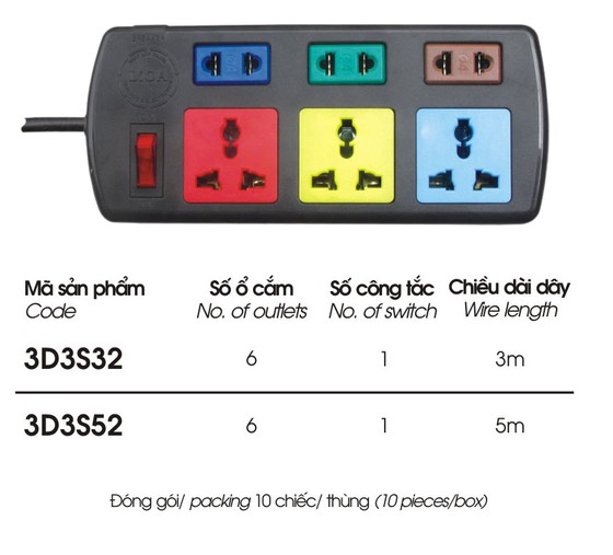 Ổ cắm điện lio.a 3d3s32, 6 ổ cắm, công tắc tổng, ~2000w, dây dài 3m/5m 5.0