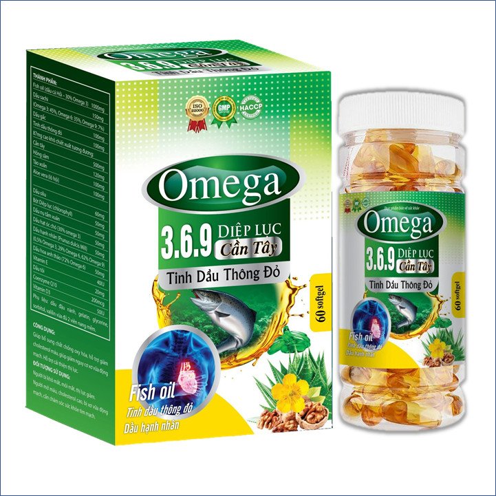 Viên Uống  Omega 3-6-9 Diệp Lục - Cần Tây- Tinh Dầu Thông Đỏ, Dầu Hạnh Nhân - Giảm Cholesterol Máu, Bổ Não, Sáng Mắt, Khỏe TIm Mạch-Hộp 60 Viên