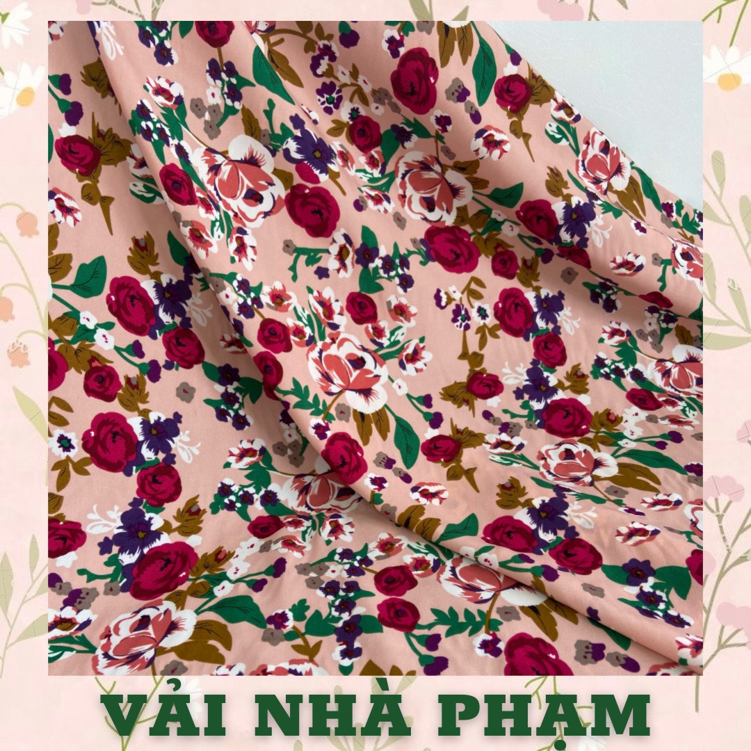 Cotton lụa họa tiết hoa to nền hồng cam - khổ 1.5m - vải nhà phạm