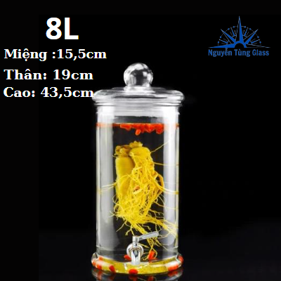 Bình ngâm rươu thuỷ tinh trụ trơn 8 lít có van