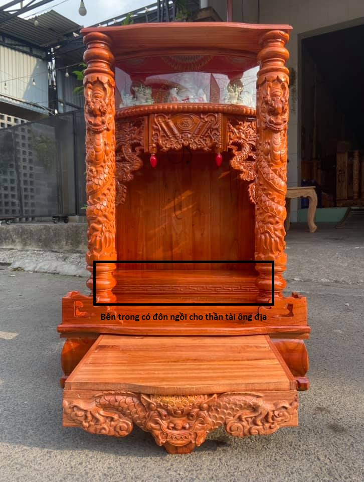 Bàn thờ thần tài ông địa 61 x 98cm - Gỗ xoan, có hộp đèn, có cột, ngăn kéo dày