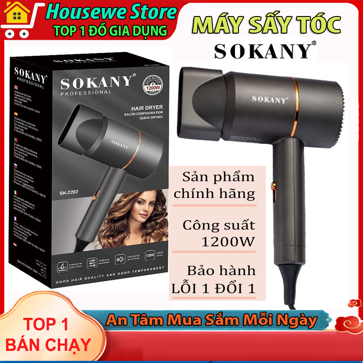 Máy sấy tóc mini Sokany, Máy sấy tóc tạo kiểu ion âm chống khô tóc công suất 1200W, máy sấy tóc mini, máy sấy tóc cao cấp, máy sấy tóc công suất cao