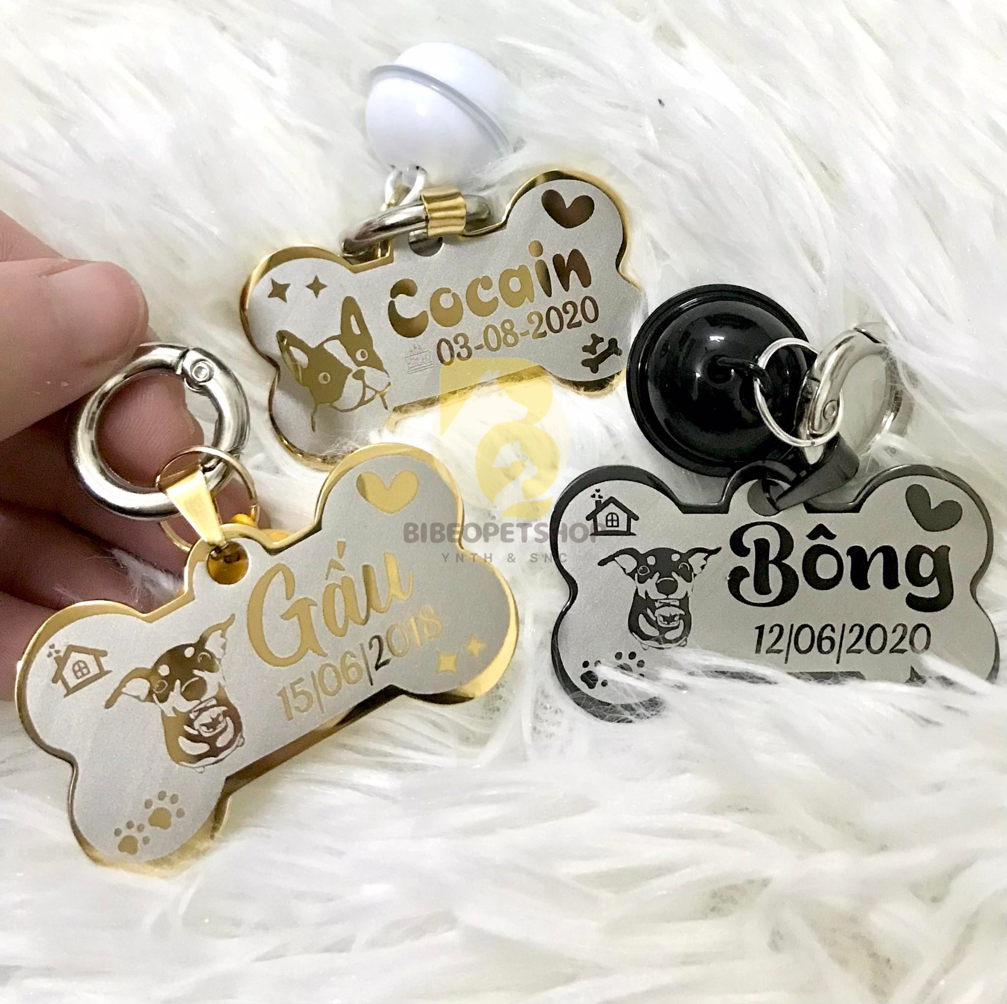 Thẻ tên thú cưng, Bảng tên cho chó, cho mèo inox khắc tên theo yêu cầu bằng laser (Tặng chuông ngẫu nhiên)