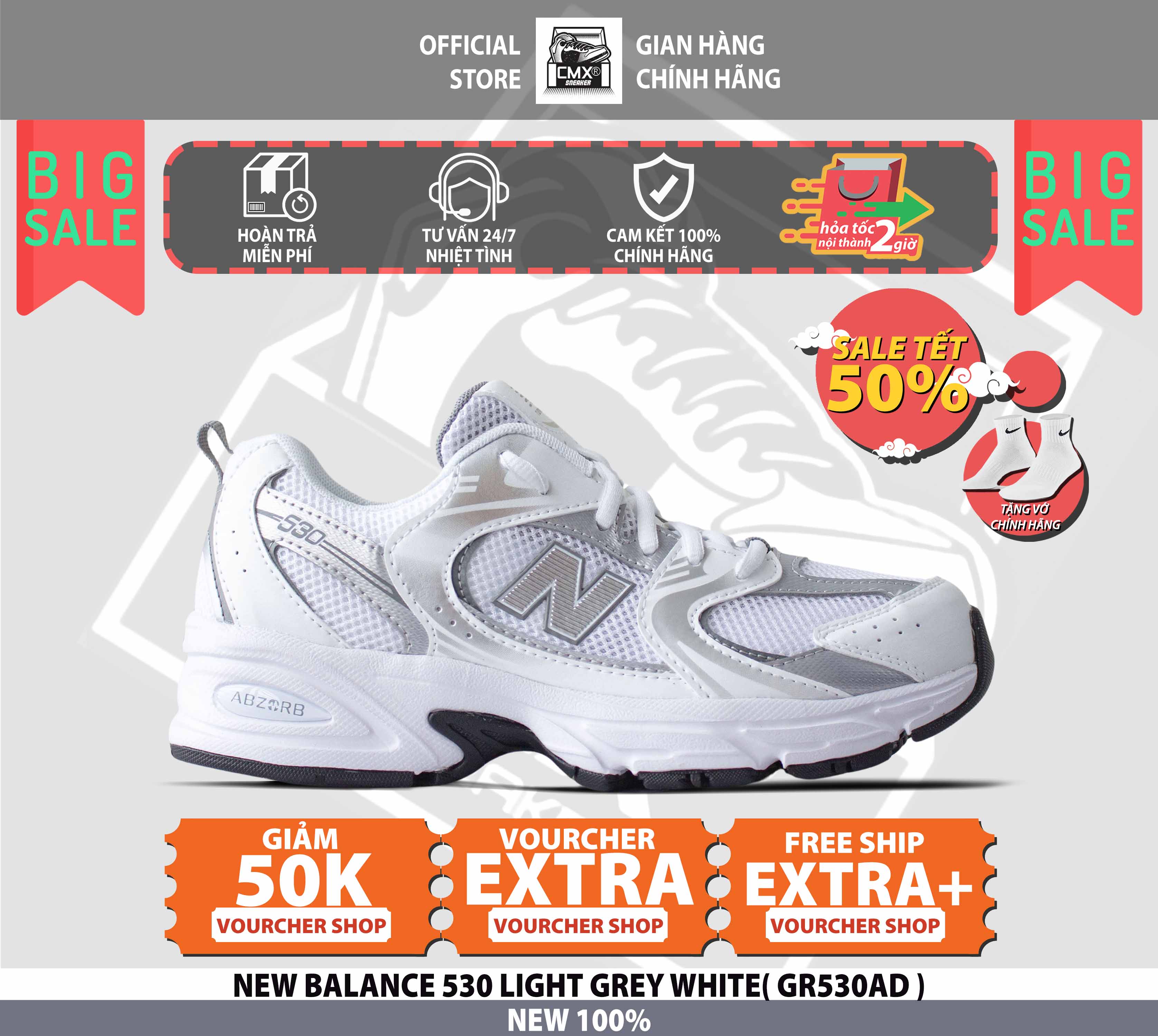 😘 giày new balance 530 light grey white - authentic 100%
