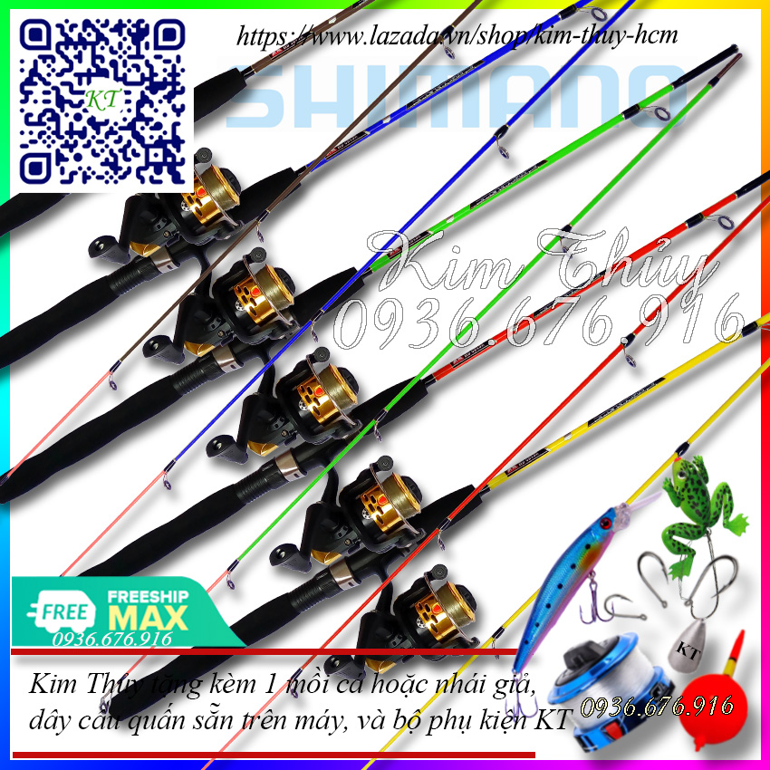Bộ Cần câu máy 2 khúc Đặc ruột 1m5 KT A1 (Kim Thủy) + Kèm Máy câu MC200 quấn sẵn dây và phụ kiện câu cá