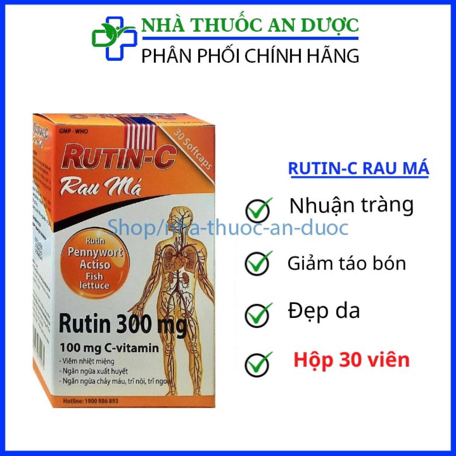 Viên uống Rutin C Rau má hỗ trợ giúp nhuận tràng, giảm táo bón, hỗ trợ giảm nguy cơ bị trĩ - Hộp 30 viên