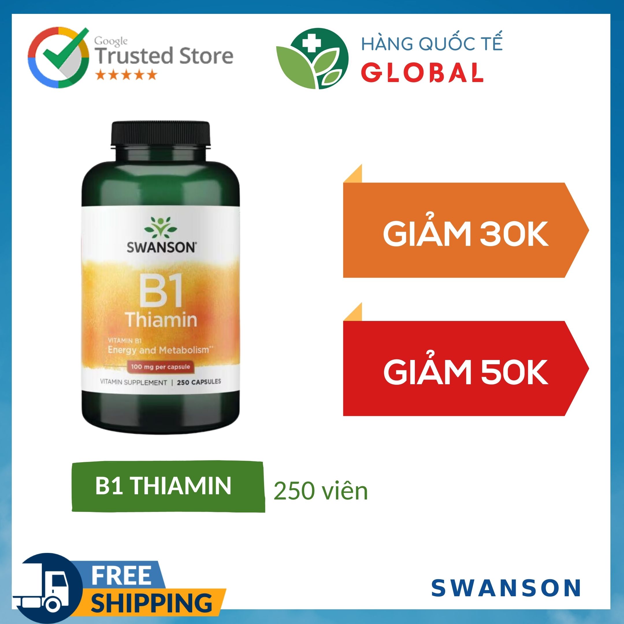 SWANSON B1 THIAMIN, 250 tablets, Vitamin B1 supplement pills
