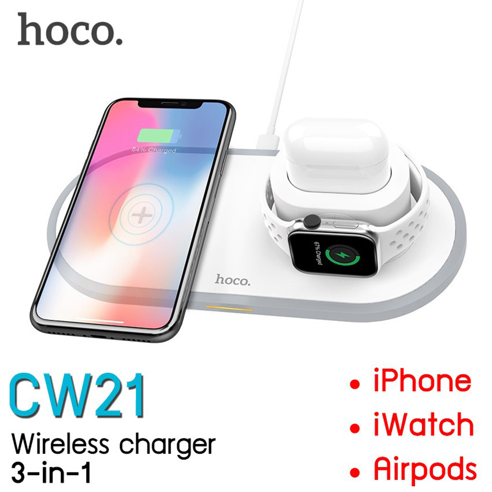 [HCM](GIẢM CỰC SỐC) Hoco CW21 3 Trong 1 Đế Sạc Không Dây Dành cho Đồng Hồ Apple 5 4 3 2 1 Củ Sạc Nhanh Dành Cho Airpods iPhone 11 Pro Max  X XS MAX 8 Sạc Không Dây CHUẨN QI Miếng Lót 10W Sạc Nhanh Dành Cho Samsung S9 S10 Note 10