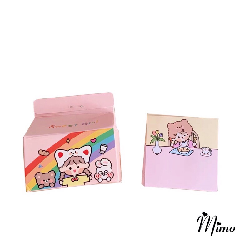 Hộp giấy note ghi chú cute, giấy ghi chú hộp sữa dạng rút 100 tờ kích thước 5*5cm Mimoquatangphukien