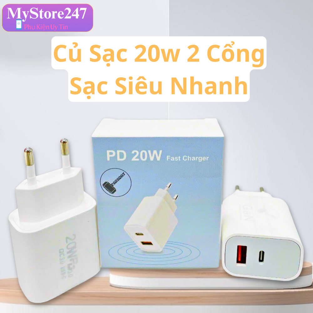  Củ Sạc Nhanh 20w 2 Cổng Củ Sạc Nhanh Usb TypeC Dùng Cho Mọi Máy Điện Thoại Không Nóng Chuẩn Dòng 20w ip Samsung Oppo 